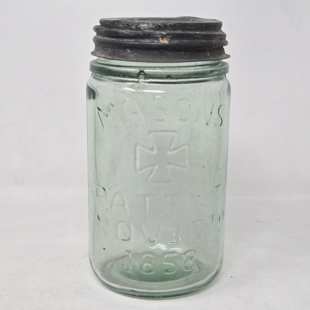 Masons Patent Nov 30 1858 Aqua Glass Fruit Jar Maltese Cross Vintage Ball Lid